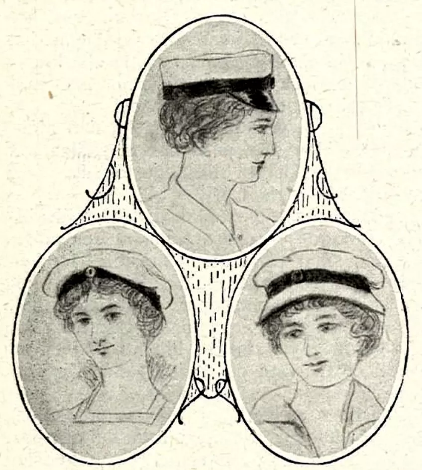 Tre damer med olika huvudbonader. Teckning.